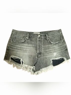 WE THE FREE Black/Gray High-Rise Distressed Frayed Hem Button Fly Denim Shorts